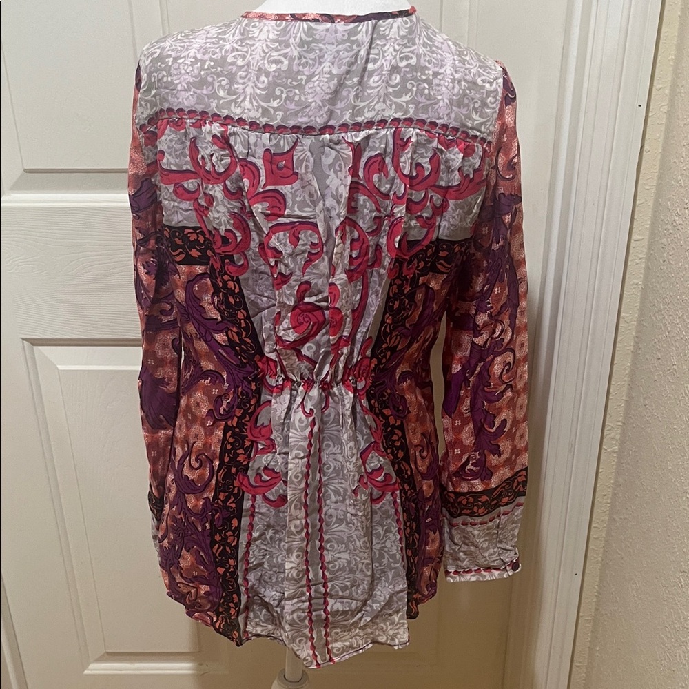 Hale Bob colorful top w/ flowers, Sz S silk, long sleeves, v- neck, bohemian - Picture 2 of 12